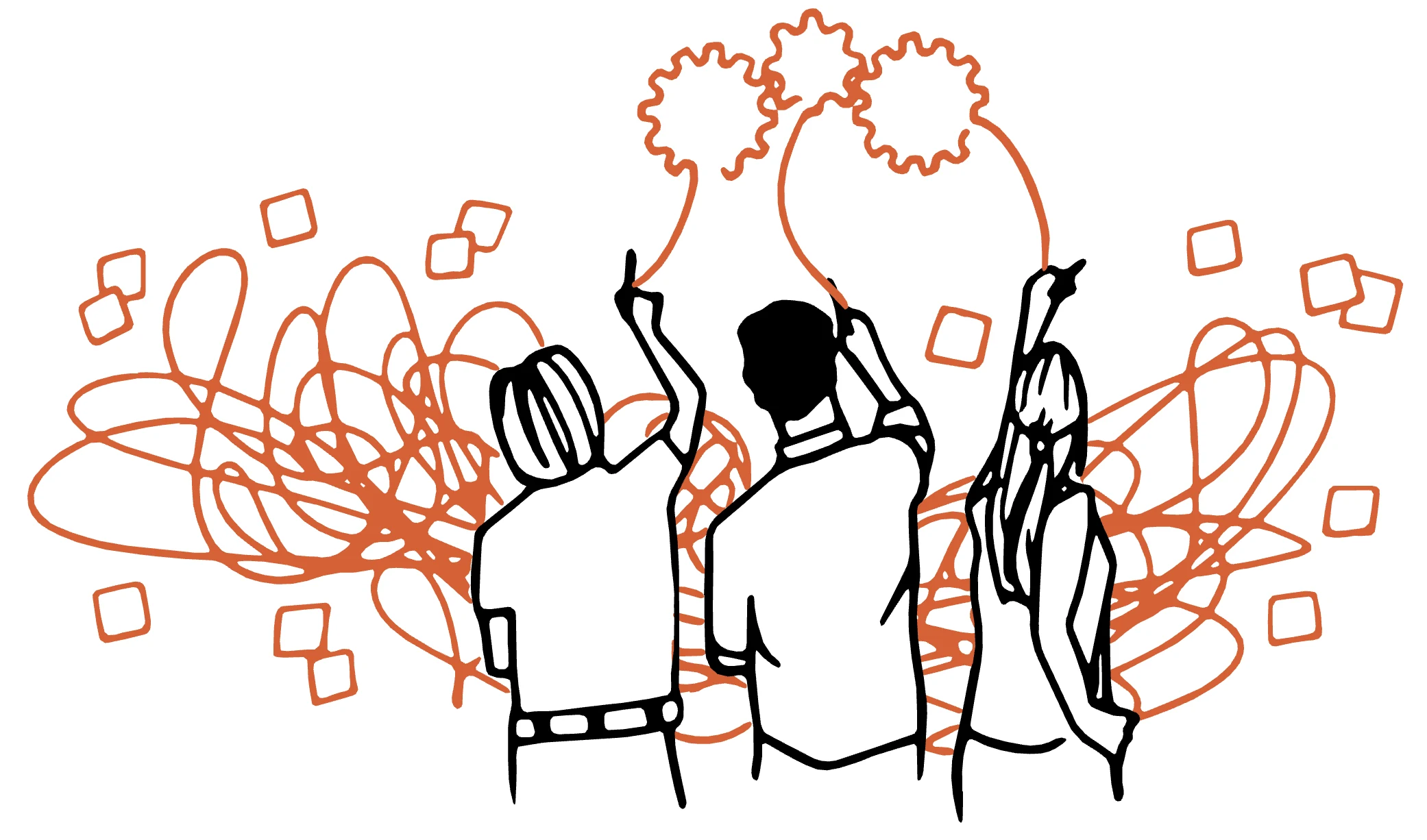 Hand-drawn illustration of three people reaching toward idea icons, breaking through tangled scribbles
